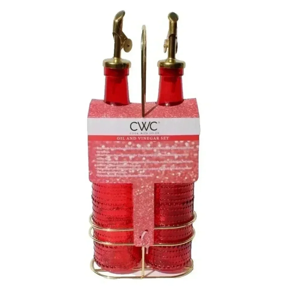 New Red / Gold Olive Oil & Vinegar Bubble Glass Dispenser Set